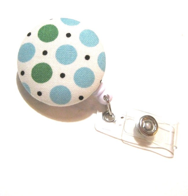 Retractable ID BADGE Reel Holder, Lanyard-Cute Teal Blue Green Polka Dots