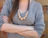 Wood Bead Ribbon Necklace -- Natural gloss wooden beads strung on a satin ribbon, feminine jewelry