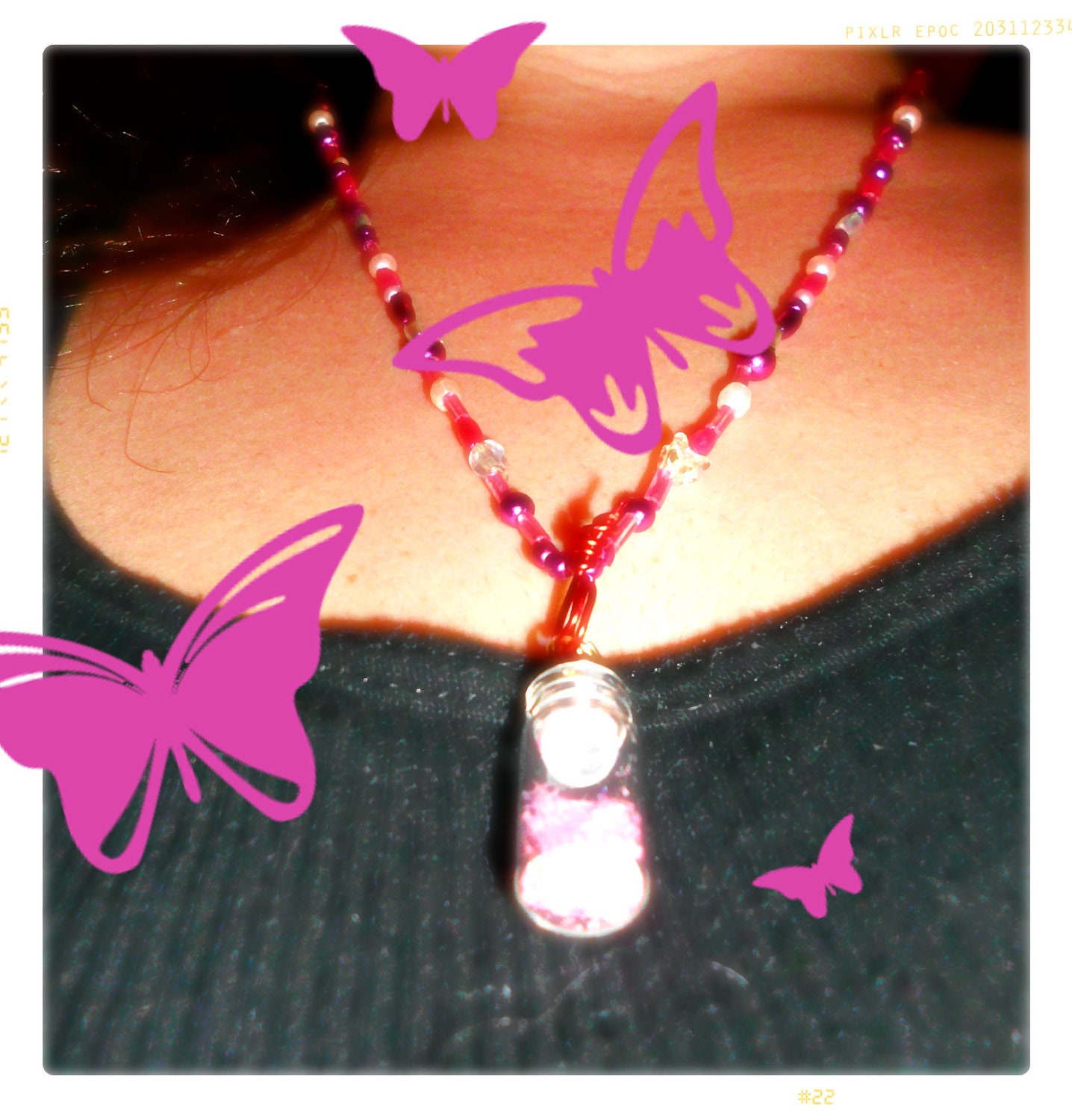 bottle pink/glitter/fairy dust  and pink glass beaded necklace