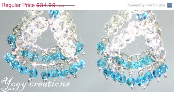 SALE 10% Off White light blue crystal bead chandelier dangle vintage earrings silver jewelry gift