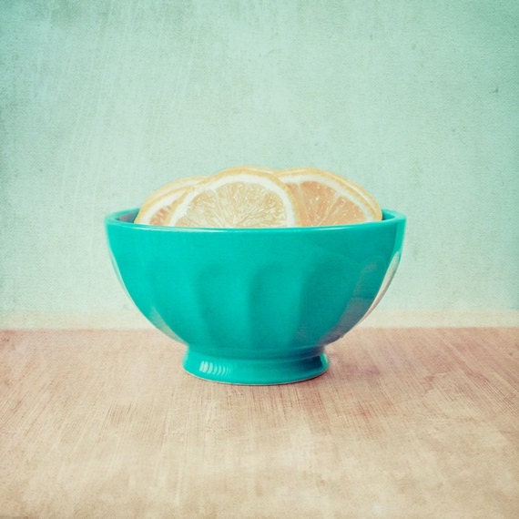 Food Photography - fruit lemon yellow peach turquoise aqua summer citrus interior kitchen decor bowl table counter - 8x8 Photograph