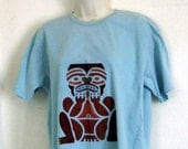 Hand stenciled totem pole frog on blue short sleeve shirt....Unisex size small....Any 2nd shirt ships FREE