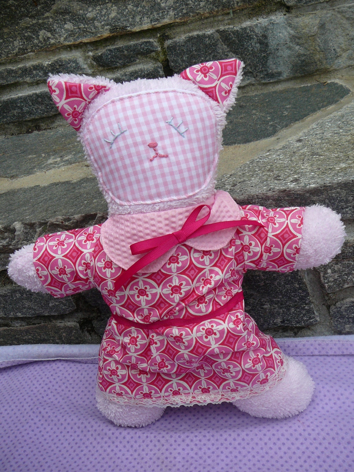 Handmade Cute Baby Kitty, Pink Chenille Plush Toy, Sweet Cat, named "Primrose"