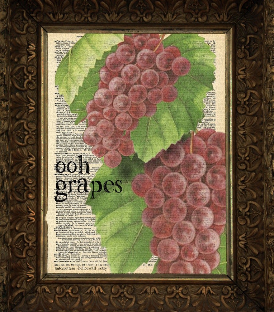 Ooh grapes, kitchen, dining, on Antique Dictionary Page, art print, Wall Decor, Wall Art Mixed Media Collage