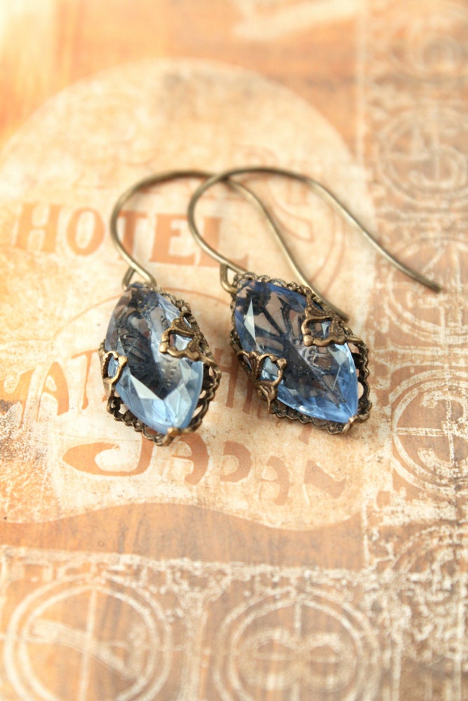 Vintage Tooled Artisan Brass "Sapphire Filigree" Czech Vintage Glass Earrings