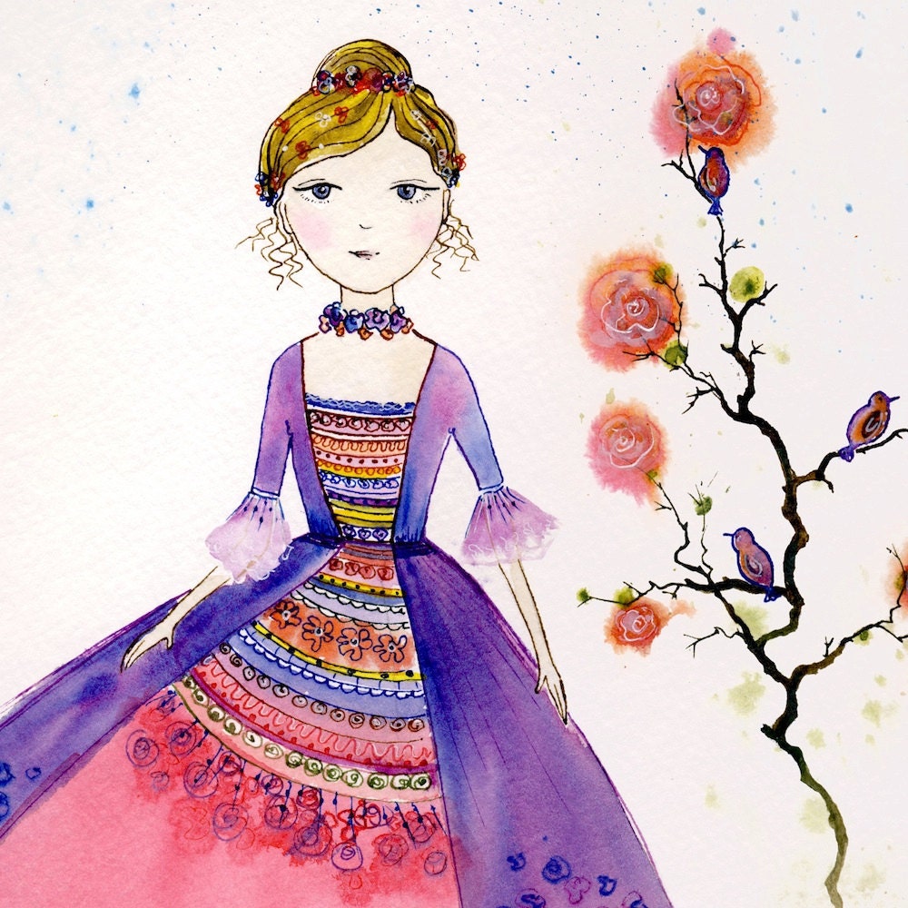Princess - art print child's room nursery watercolor painting little girl pink dress ballroom gown roses purple bird Canadian Oladesign 8x10