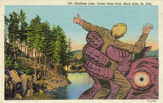 Original Collage on Paper Scary Horror Story Postcard Art Lowbrow Comic Monster Art