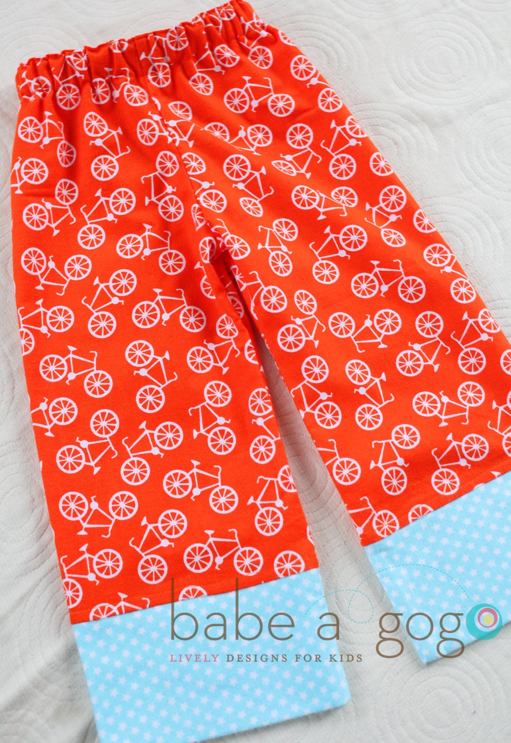 Bicycles and Stars Flannel Orange Bicycle Extra Comfy Wide Leg Lounge Pants for Babies and Toddlers Boys or Girls by babe-a-gogo