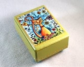 Jewelry Box, Cat Art Wood OOAK Decoupaged Mexican Art Wooden Cat Trinket Box Ring Box Earring Holder Original Art Print Green Blue