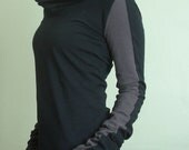 extra long sleeved hooded top Black and Cement Grey color block