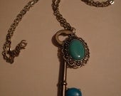 Skeleton Key Necklace Pendant with Vintage Turqoise Cabochons