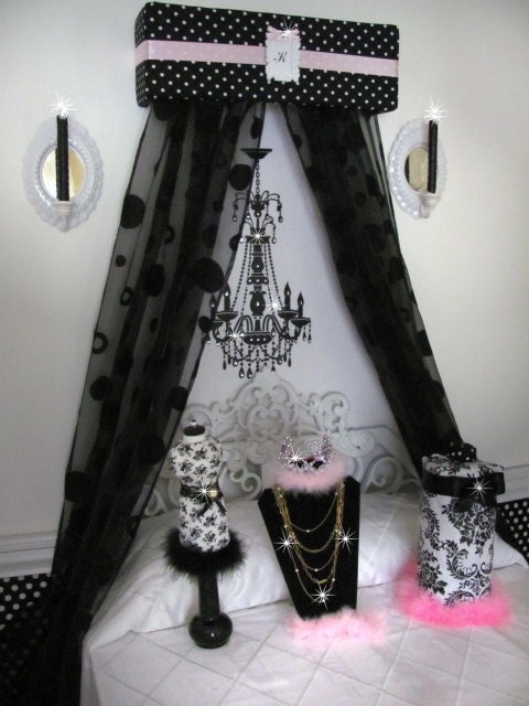 Personalized Bed Crown Canopy Upholstered SALE Princess Black white Polka DoT FREE