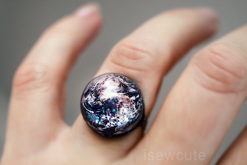 Earth Day Ring, Space Jewelry, Home Sweet Home, Out of this World Fashion Statement Glitter Hubble Image, Modern Resin Galaxy Jewelry