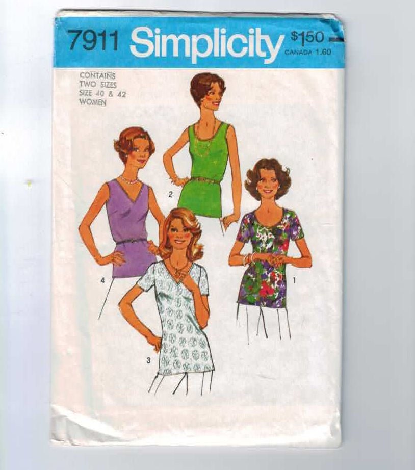 1970s Vintage Sewing Pattern Simplicity 7911 Plus Size Blouse Top Shirt Size 40 42 Bust 44 46 UNCUT 1977 70s