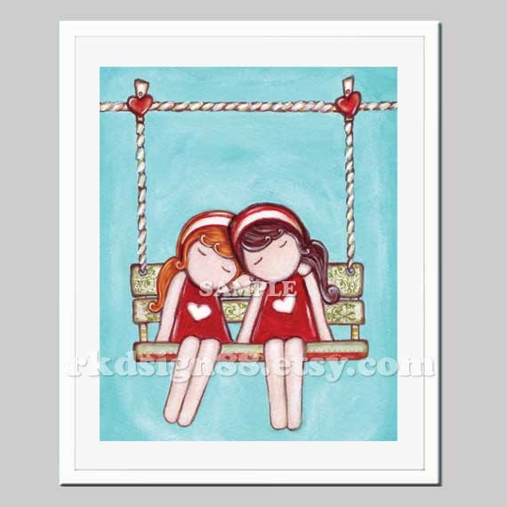 Nursery art print, baby girl nursery wall art, two girls art print, children decor, sisters painting, swing, red brown - Day Dream 8 x 10