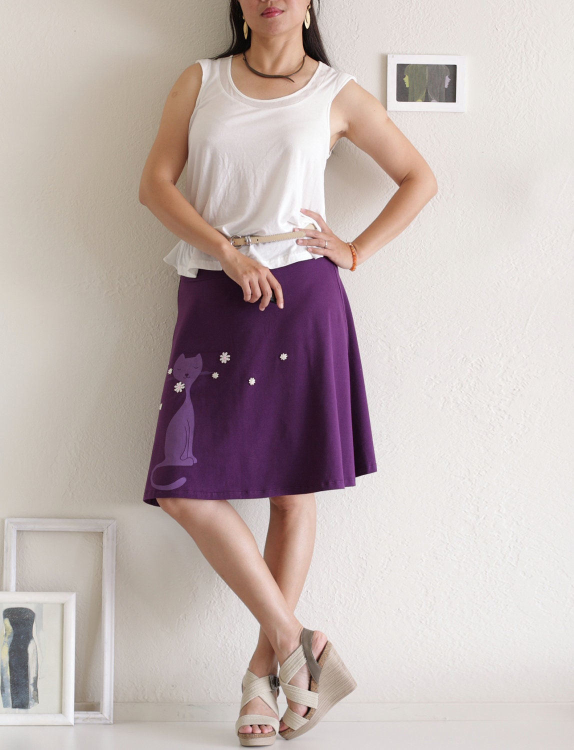 Women Winter Fashion . Purple Heavy Weight Cotton skirt . A line Knee Length Skirt . Applique skirt - Sniffing Kitty - size Small