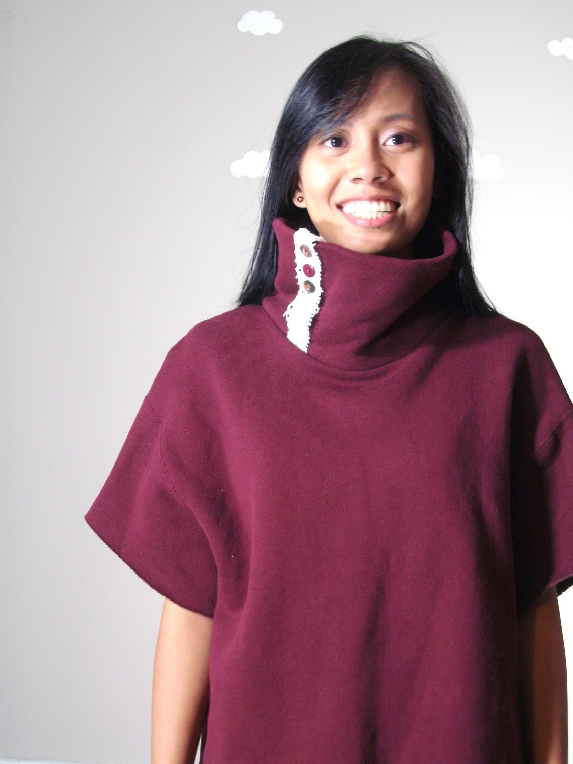 Cowl sweatshirt handmade eco burgundy crop sweater lace made to order HIDE N SEEK