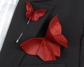 Red Boutonniere & Hair Clip MATCHING Christmas Silk Origami Butterfly Wedding Fascinator Prom Wine Burgundy n Classic Red 100 COLORS of SILK