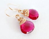 Pink Dangle Earrings Gemstone 14k Gold Wire Wrapped Drop Quartz Kande Jewelry Spring Fashion