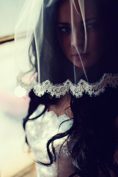 tulle birdcage blusher bridal veil with alencon lace in ivory