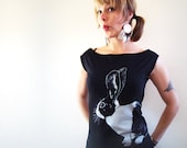 Dutch Rabbit tshirt dress - eco-friendly silver ink screenprint on black cotton - womens sizes S, M, L