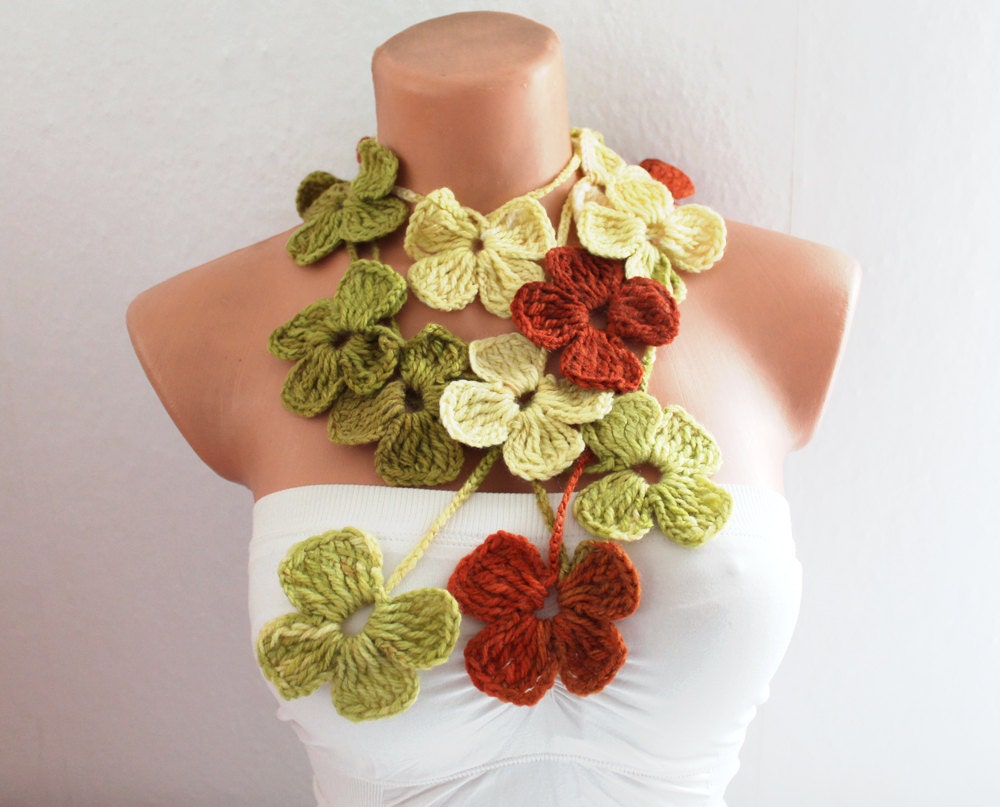 Flower Scarf Rust and Green Hand Crochet Lariat Scarf