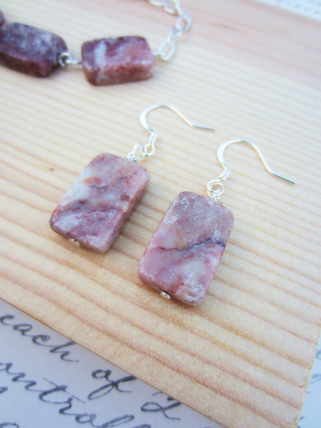 Stone dangle earrings. Wire wrapped. Dusty pink and white stone. Dainty wear. Natural, earthy look. OOAK gift.