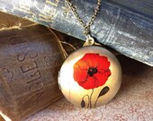 Locket Necklace - Poppies - Flower Vintage Illustration - Red Floral Jewelery - Art Nouveau Poppy Necklace