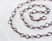 Handmade Hammered Copper Links Chain, wire wrapped circle links antiqued solid pure copper chain - unisex handcrafted oxidized copper chain
