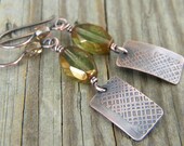 Olive Green Copper Earrings Picasso Finish Glass Beveled Oval Bead Brown Artisan Long Dangle Jewelry