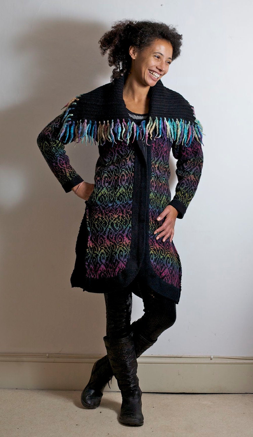 Black Rainbow Upcycled Cardigan Coat with Tassles                           Made in England UK