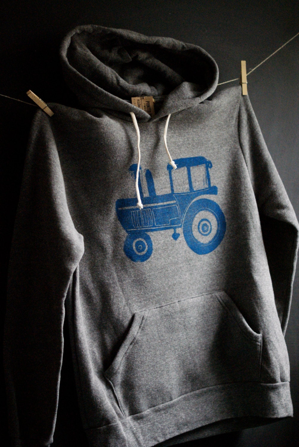 Adult Tractor pullover hoodie, hand block printed