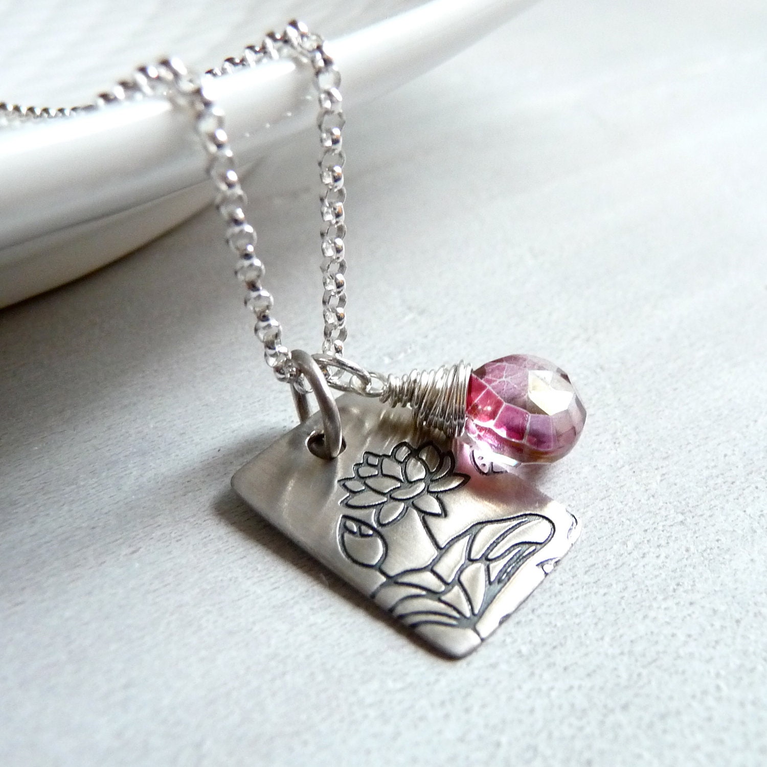 Lotus Necklace, Yoga Jewelry, Pink Quartz Gemstone, Mystic Pink Quartz, Sterling Silver Lotus Flower Charm Necklace - karinagracejewelry