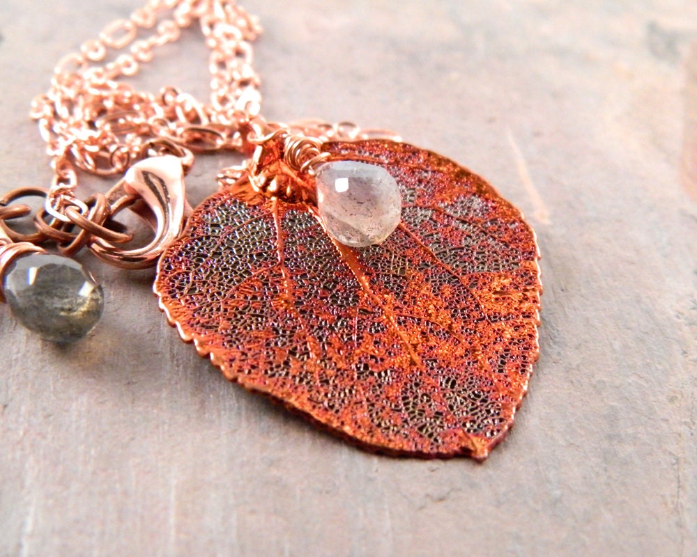 Copper Dipped Real Aspen Leaf Necklace with Labradorite Accent, Little Aspen Leaf Necklace, Copper Leaf Necklace