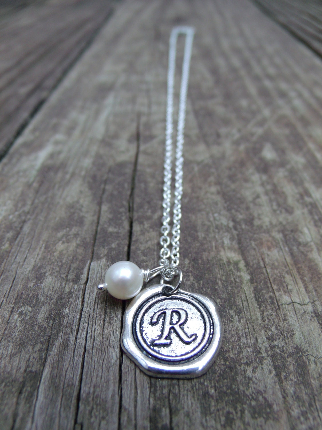 Silver Waxed Initial Necklace . Initial Pearl Drop Necklace