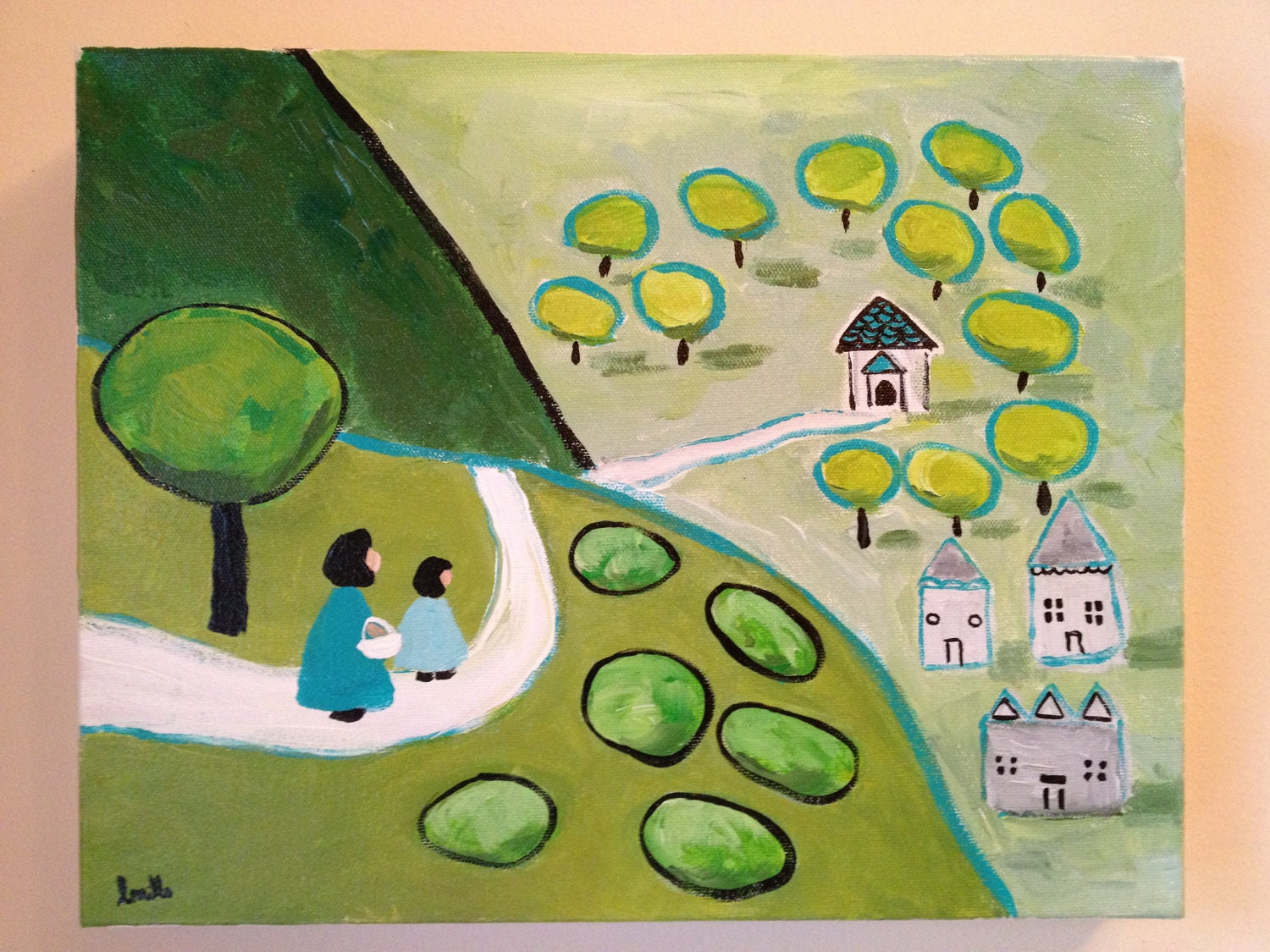 11x14" The Walk Home- original folk art cottage hill landscape canvas painting