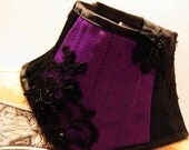 Satin Neck Corset, Made to Order, black and purple satin with black lace detail