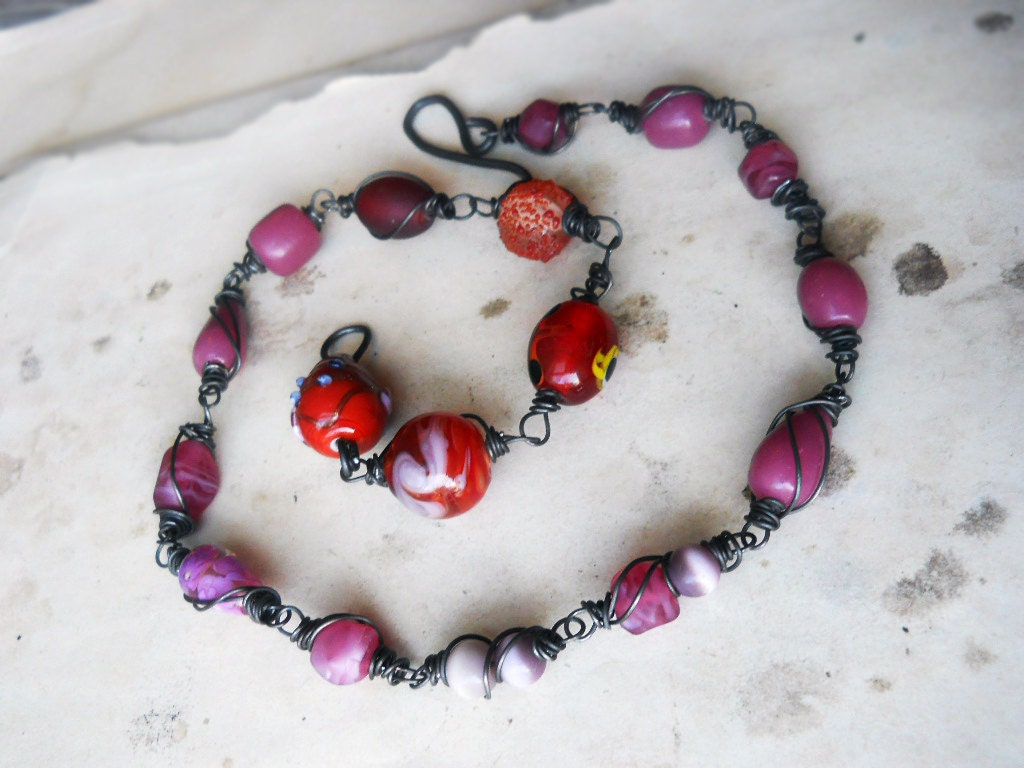 Beaded Necklace/Bracelet - Versatile Choker Doubles as Bracelet - Sugarplum Chain - Dusty Rose, Red Lampwork - Rustic Bracelet Choker Combo