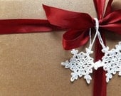 Handmade Christmas tree decorations, crocheted snowflakes, home decor, with hanging loop, white embellishments /set of 6/