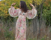 Vintage 70s Pastel Flower Semi-Sheer Maxi Dress with Angel Bell Sleeves and White Lace
