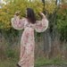 Vintage 70s Pastel Flower Semi-Sheer Maxi Dress with Angel Bell Sleeves and White Lace