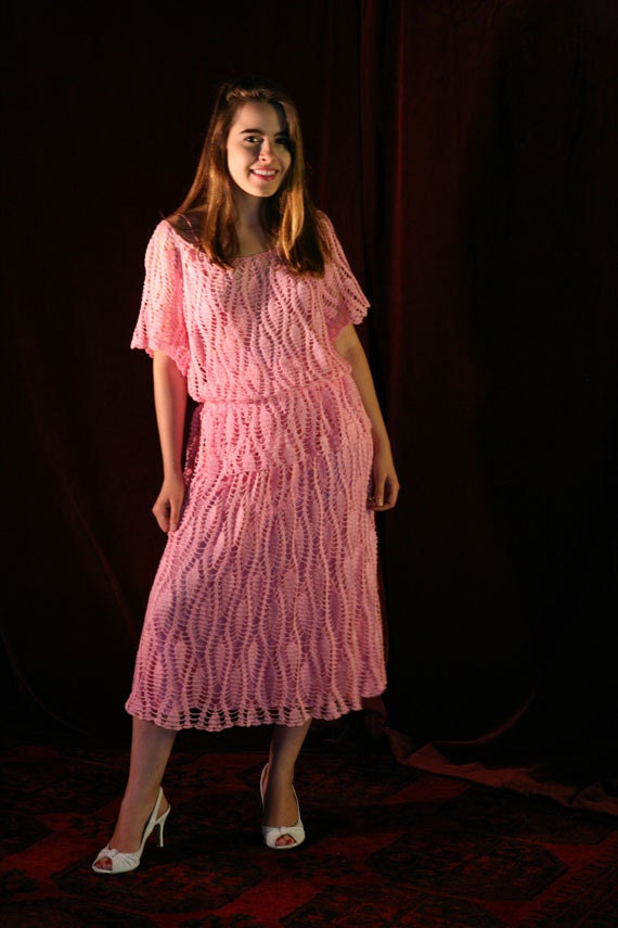 Vintage Hand Crochet Dress Pink Two Piece Top Skirt Set in, S-M