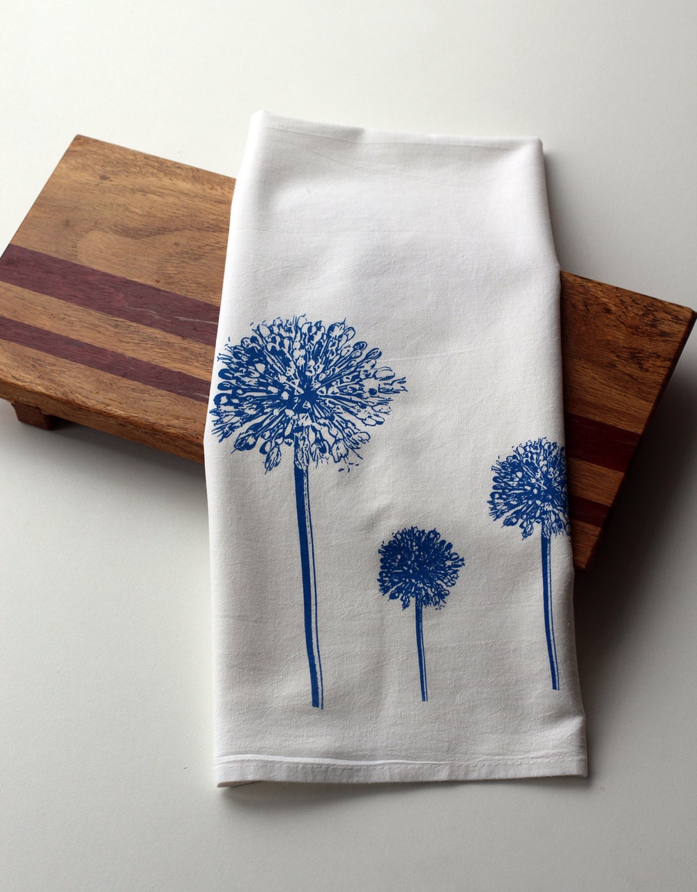 Deluxe White Flour Sack Towel-Extra Large - Blue Allium Trio- Hand Screen Printed