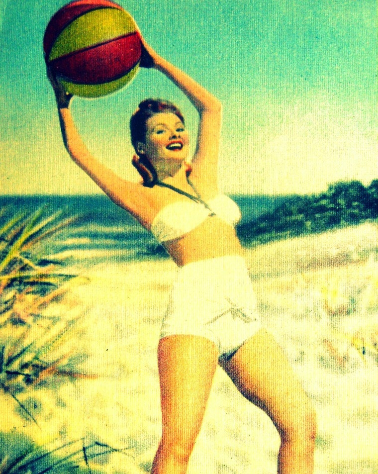 retro photograph beach lover gift BEACH BALL BABE 8x10 1940s aqua red yellow nostalgia vintage Florida summer girl wedding