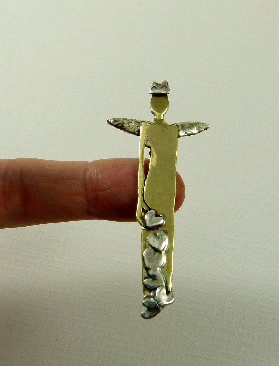 Angel Tanley Leaves A Trail Of Hearts - Up Cycled Sterling, Brass, And PMC - Art Jewelry Pendant - 1010
