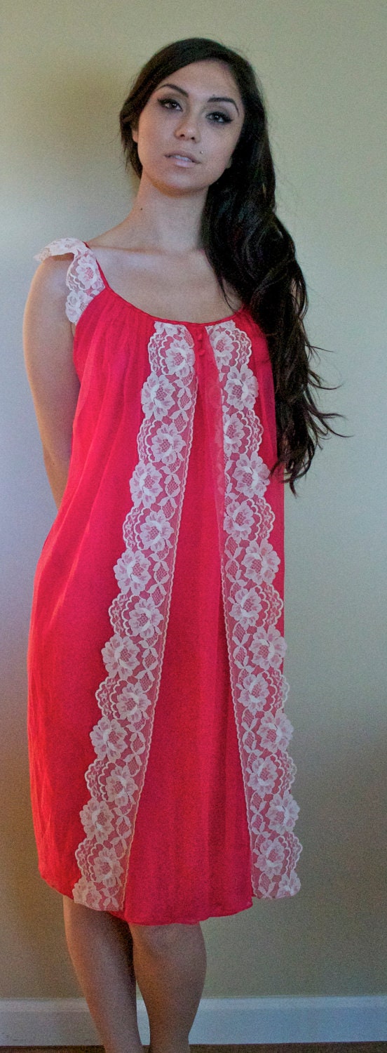 60s vintage babydoll lingerie nightie nightgown teddy red lace sleeveless flutter sleeves buttons large xl