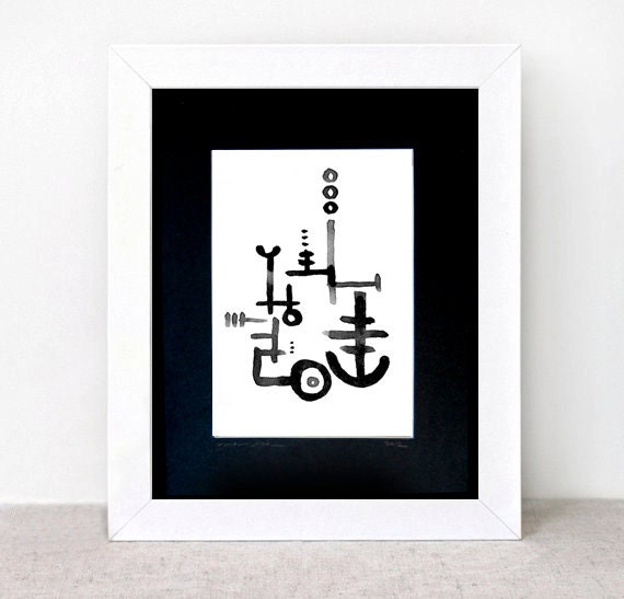 GLYPH 3 original abstract watercolor painting - gallery fine art - modern contemporary interior design - ooak home wall decor - black white