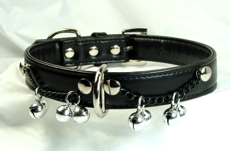 Black Leather Collar with Vertical D-Ring and Bells Bdsm Slave Bell Collar
