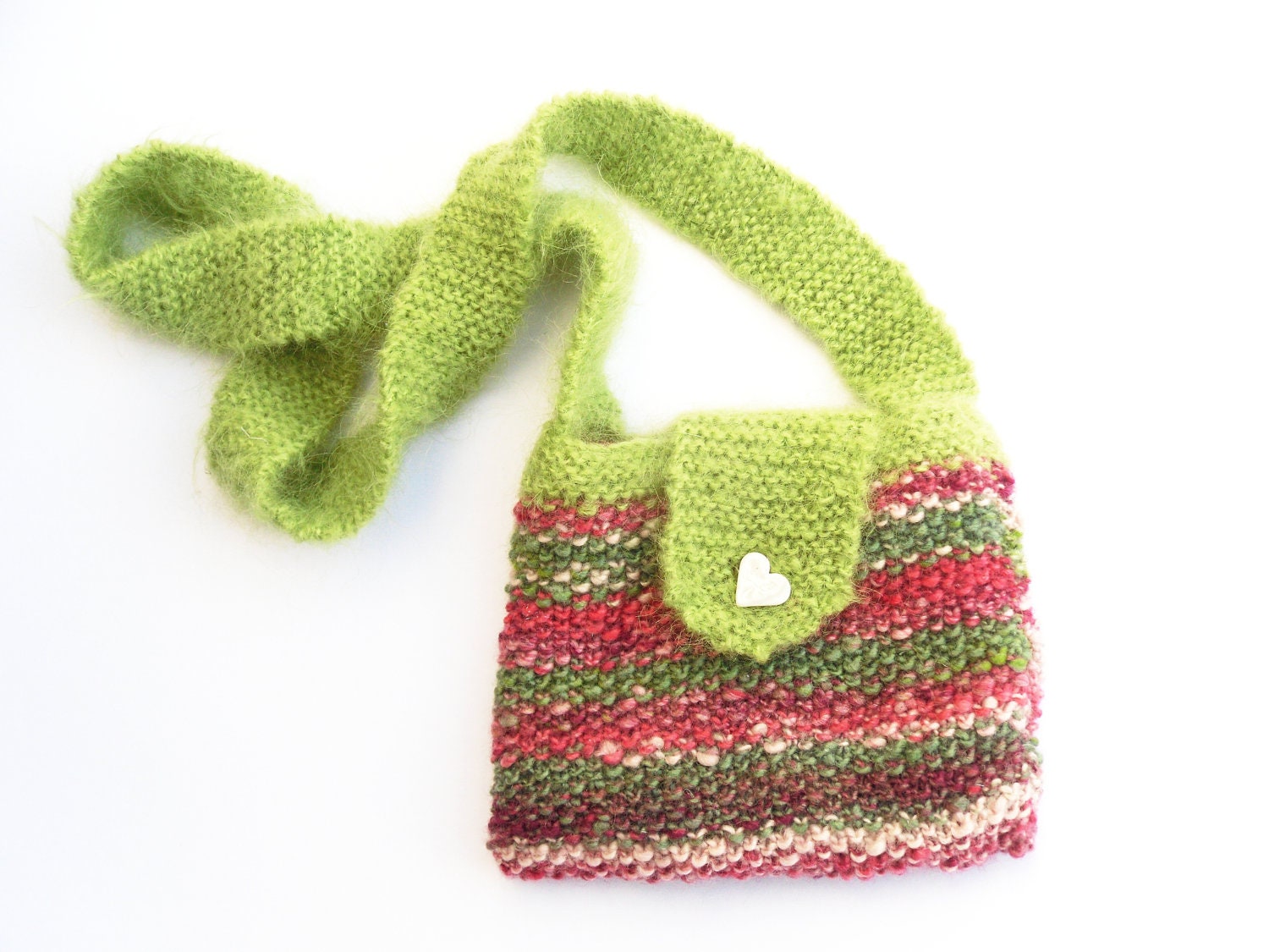 Messenger purse shouder bag hand knitted in pink and lime green hand spun merino yarn & mohair. ooak