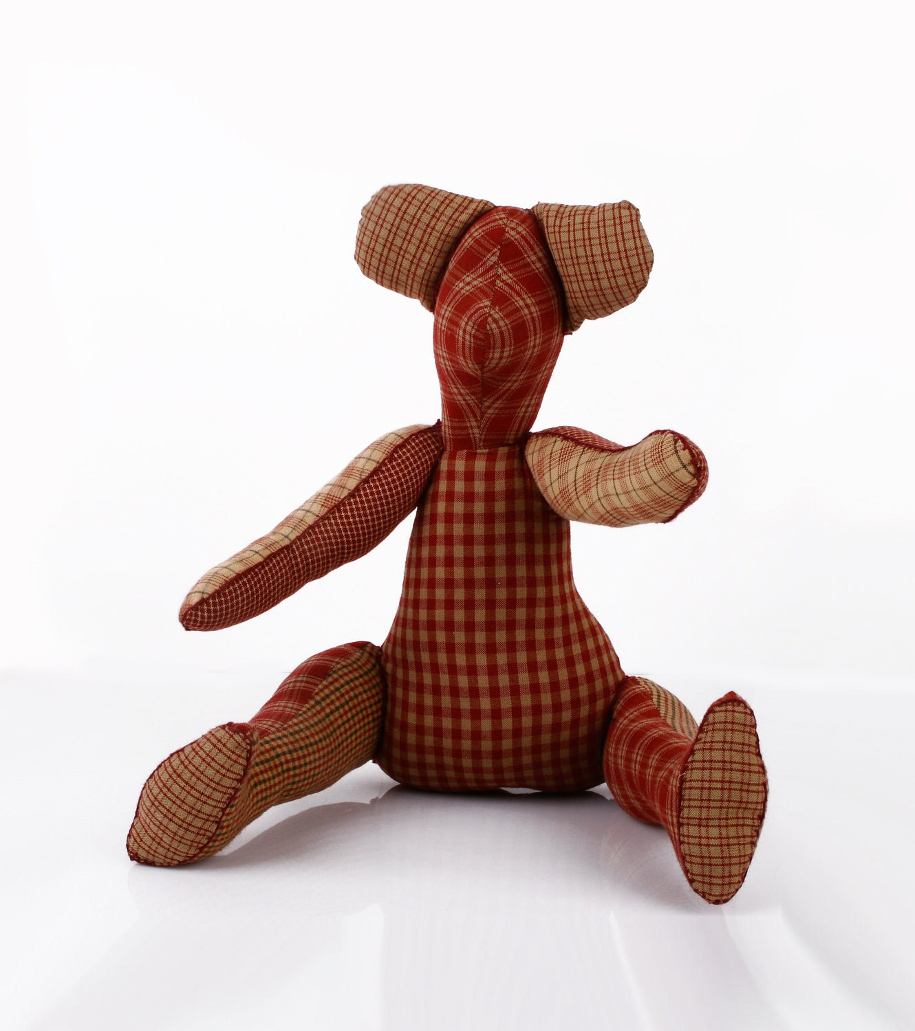 Eco Friendly Toy - Plush  Rare Bear - soft Country style Checkered in Maroon and beige - handmade fabric eco Stuffed Doll